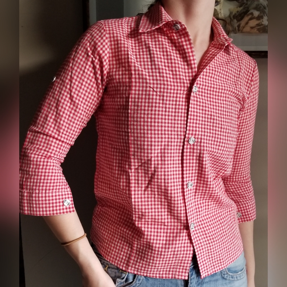 Red Womens Button-Down Shirt Gingham Red And White